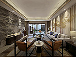190平米新中式风格别墅客厅装修效果图，背景墙创意设计图