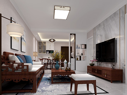300平米新中式风格三室客厅装修效果图，照片墙创意设计图