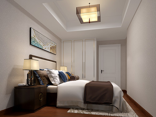 300平米新中式风格三室卧室装修效果图，照片墙创意设计图