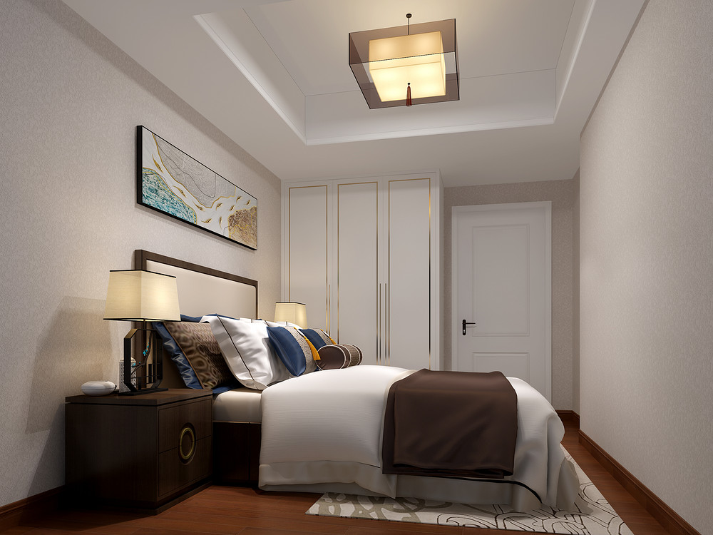 80平米新中式风格三室卧室装修效果图，照片墙创意设计图