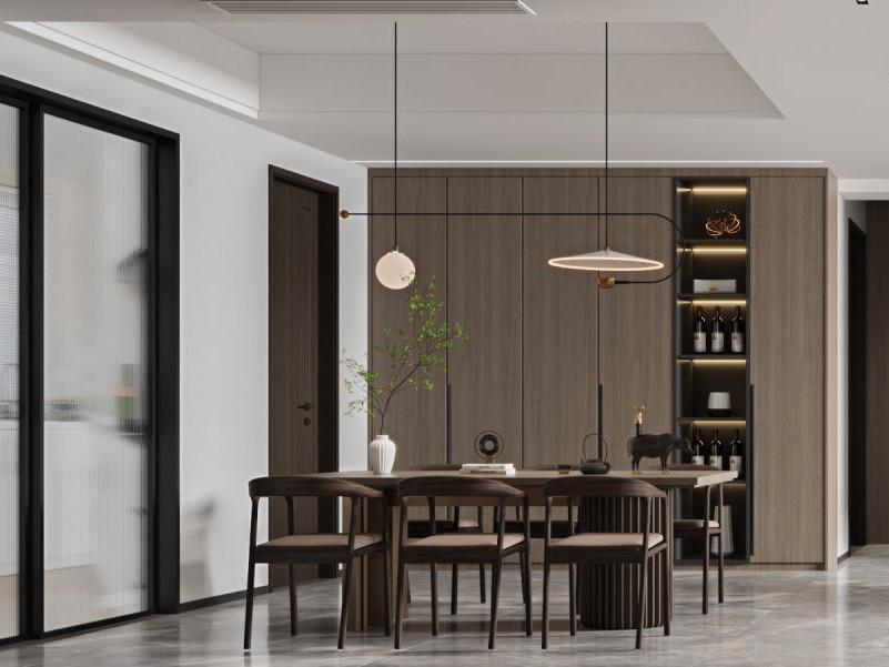 146平米新中式风格三室餐厅装修效果图，背景墙创意设计图