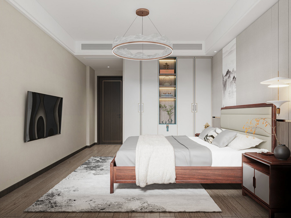 146平米新中式风格三室客厅装修效果图，背景墙创意设计图