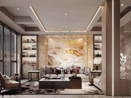 300平米新中式风格别墅客厅装修效果图，橱柜创意设计图