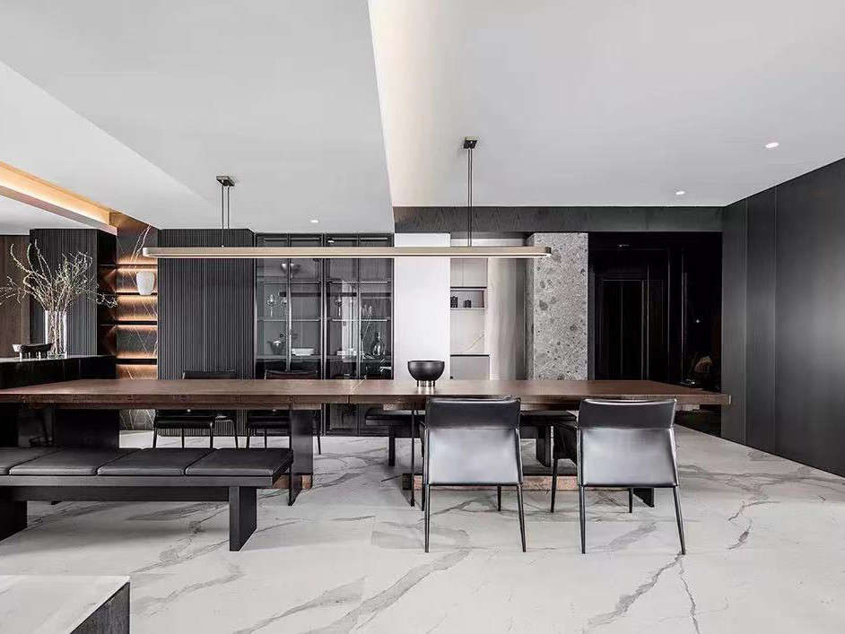 110平米新中式风格三室餐厅装修效果图，酒柜创意设计图