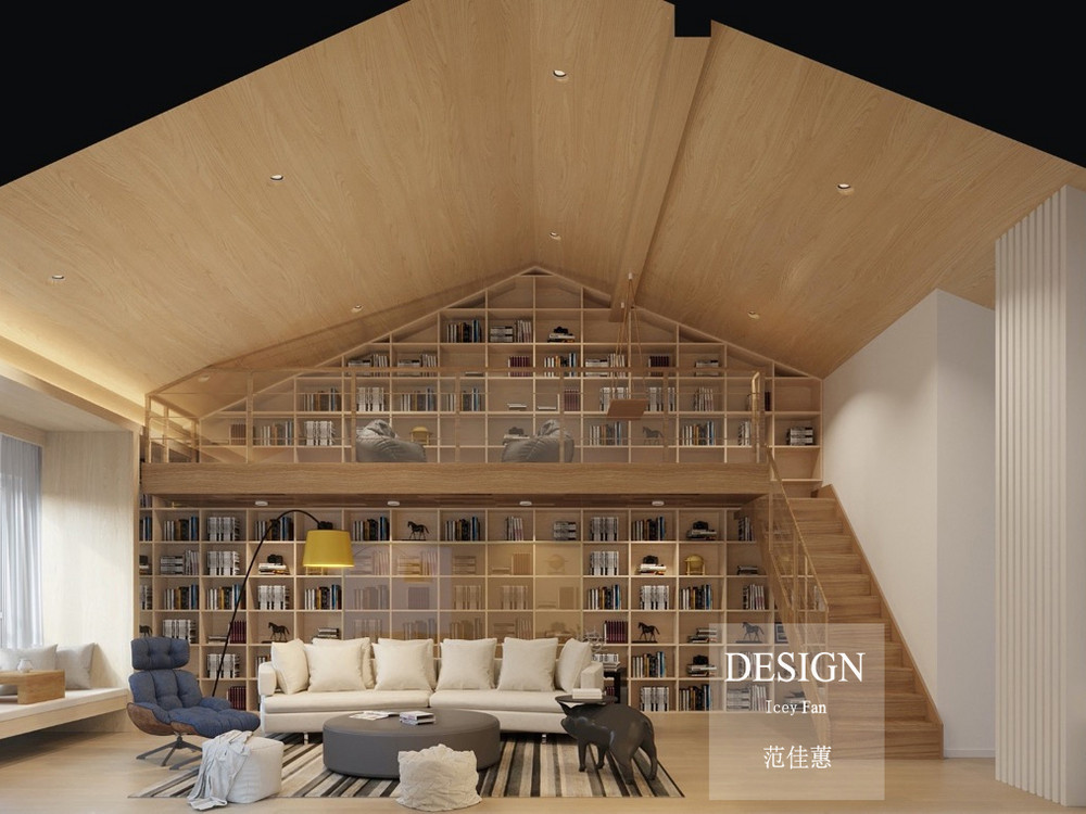 428平米日式风格别墅客厅装修效果图，书柜创意设计图
