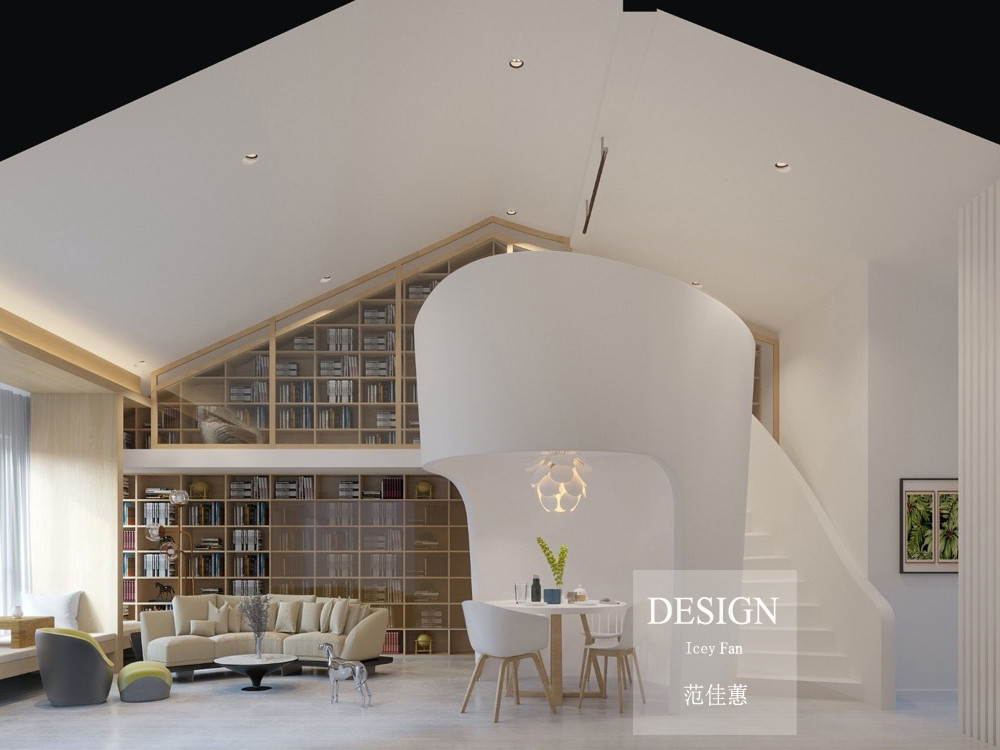 428平米日式风格别墅客厅装修效果图，书柜创意设计图