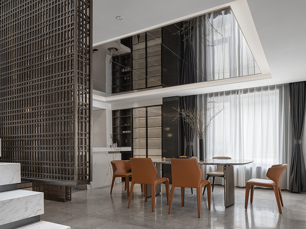 210平米现代简约风复式餐厅装修效果图，背景墙创意设计图