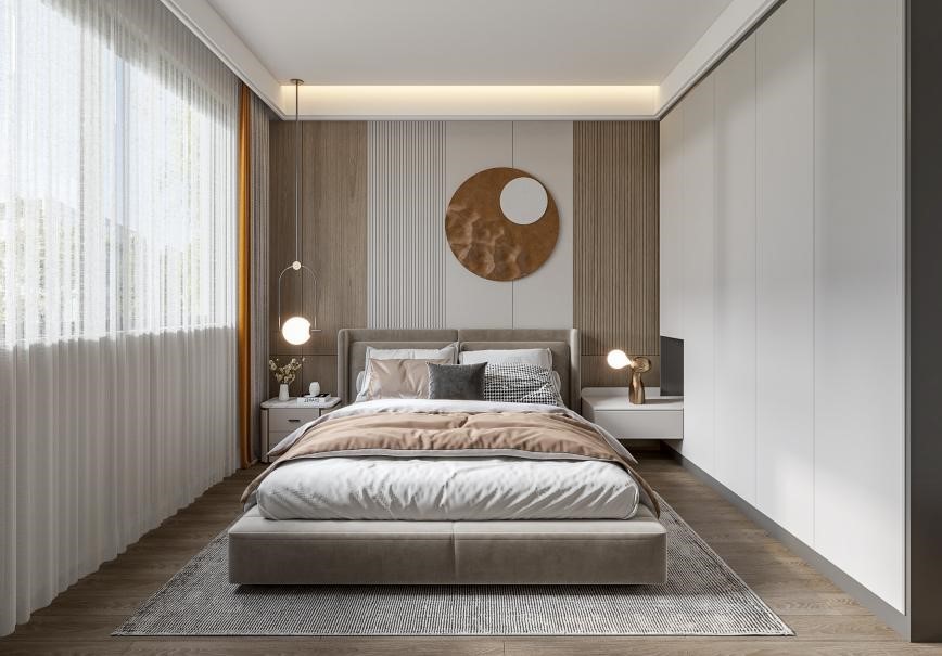 124平米轻奢风格三室卧室装修效果图，背景墙创意设计图