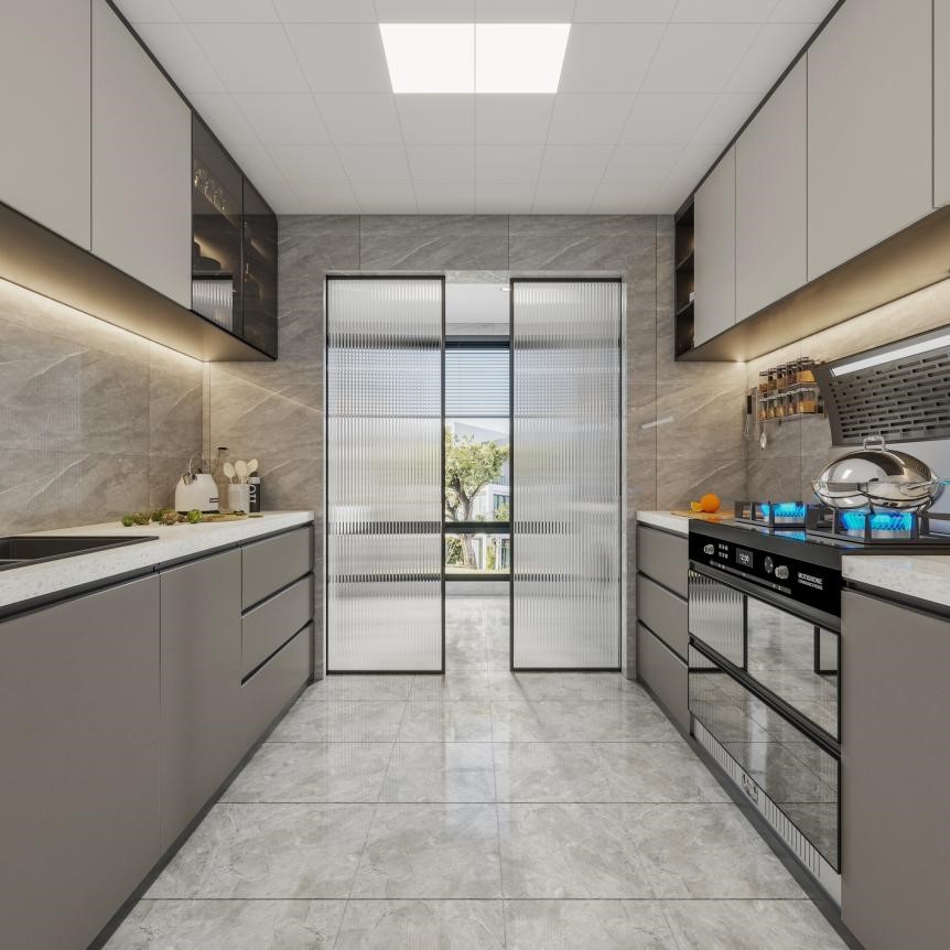 124平米轻奢风格三室厨房装修效果图，橱柜创意设计图