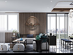 98平米新中式风格别墅客厅装修效果图，背景墙创意设计图