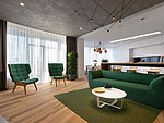 128平米现代简约风一室客厅装修效果图，窗帘创意设计图