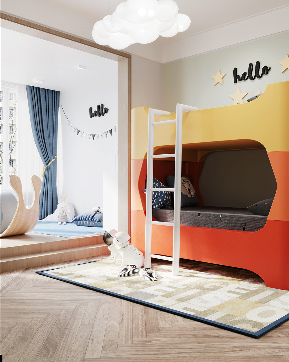 230平米现代简约风四室儿童房装修效果图，窗帘创意设计图