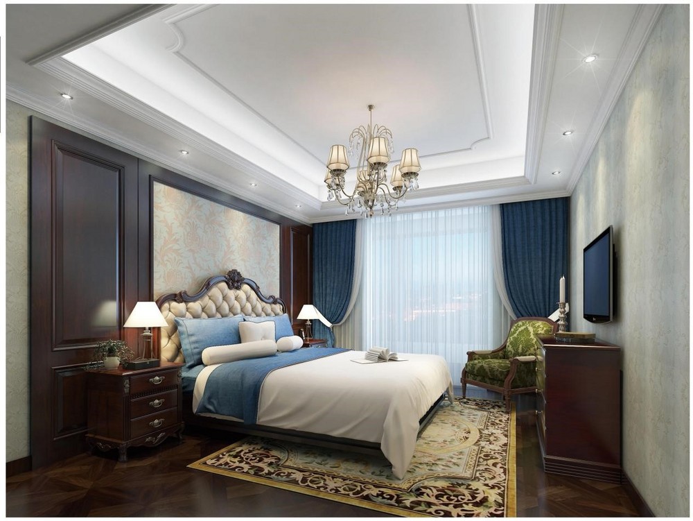 280平米美式风格四室卧室装修效果图，窗帘创意设计图