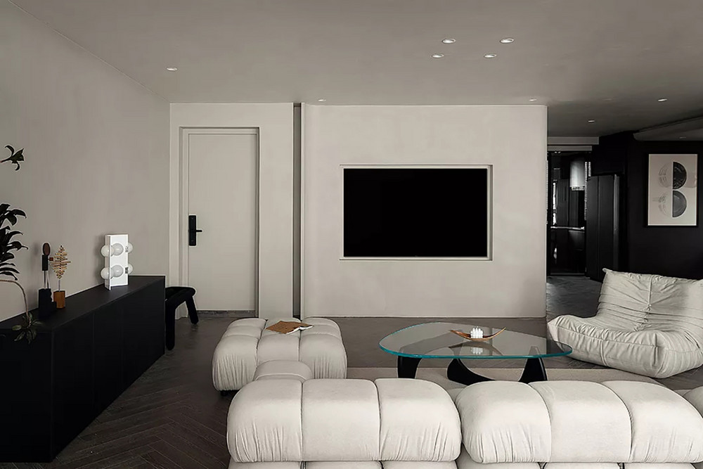 116平米现代简约风二室客厅装修效果图，墙面创意设计图
