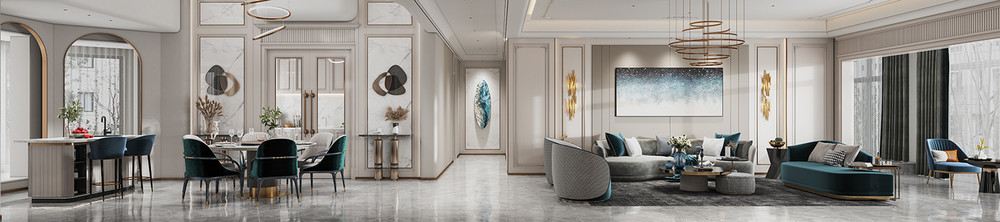 350平米轻奢风格别墅客厅装修效果图，墙面创意设计图