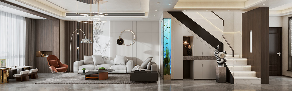 210平米轻奢风格复式客厅装修效果图，背景墙创意设计图