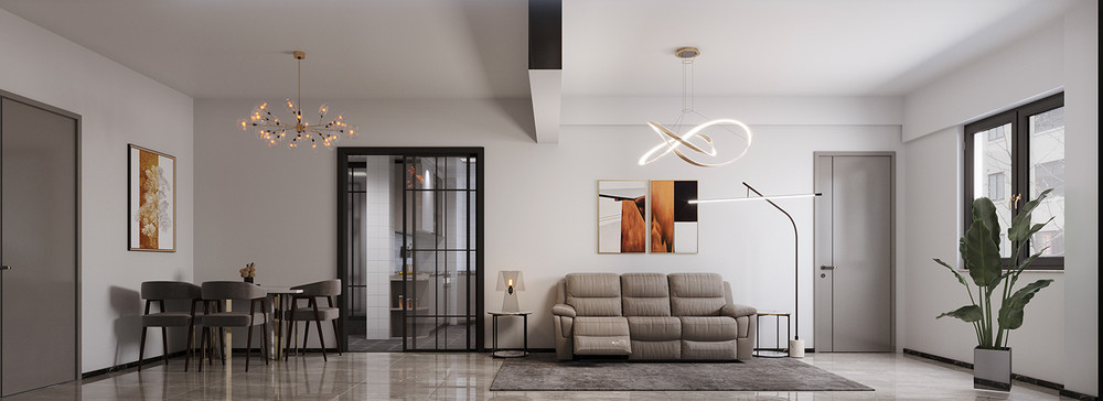99平米现代简约风三室客厅装修效果图，背景墙创意设计图