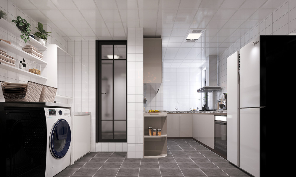 99平米现代简约风三室厨房装修效果图，橱柜创意设计图