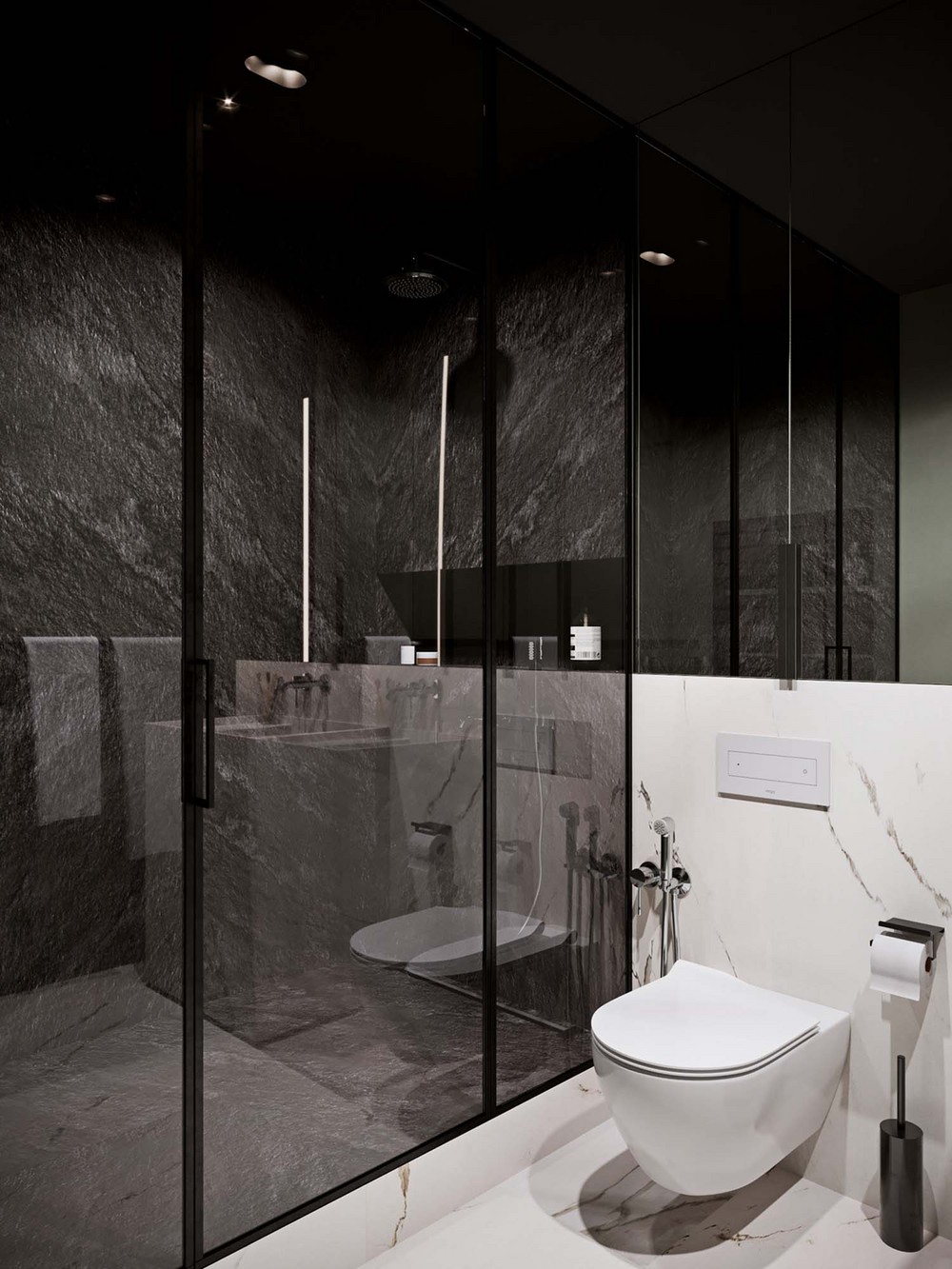 245平米轻奢风格别墅卫生间装修效果图，隔断创意设计图
