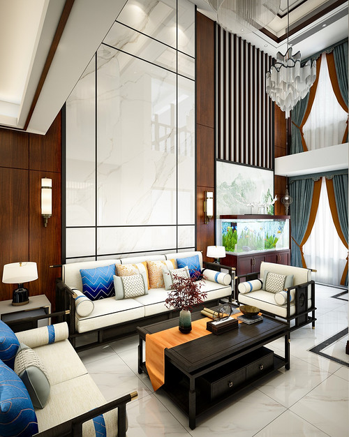 300平米新中式风格别墅客厅装修效果图，背景墙创意设计图