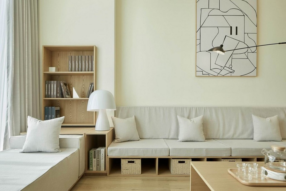 55平米现代简约风一室客厅装修效果图，榻榻米创意设计图