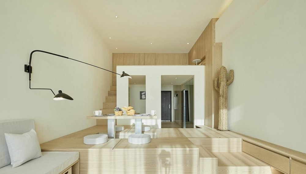 55平米现代简约风一室客厅装修效果图，榻榻米创意设计图