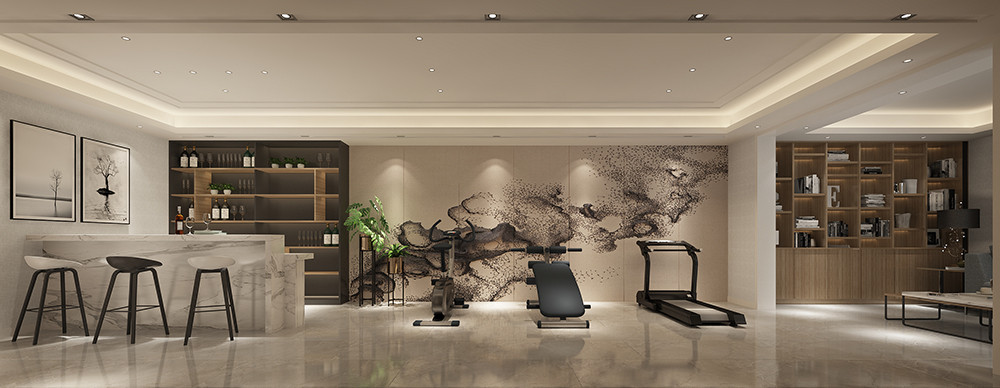 321平米现代简约风别墅健身房装修效果图，背景墙创意设计图