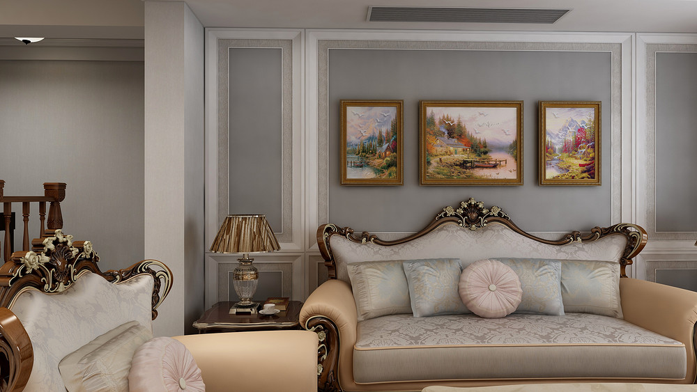 129平米地中海风格三室客厅装修效果图，照片墙创意设计图