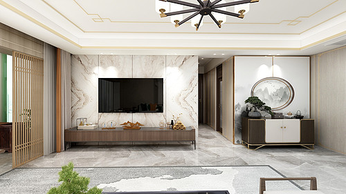 300平米新中式风格四室客厅装修效果图，背景墙创意设计图