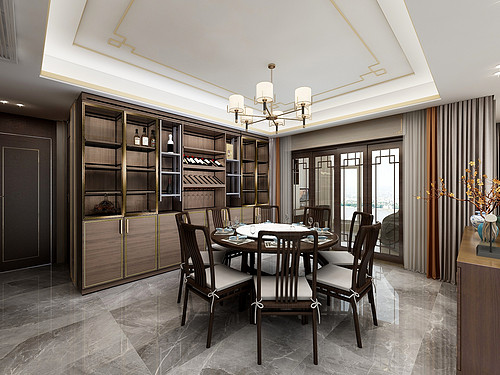 270平米新中式风格四室餐厅装修效果图,酒柜创意设计图