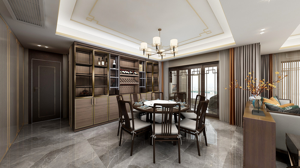 270平米新中式风格四室餐厅装修效果图，酒柜创意设计图