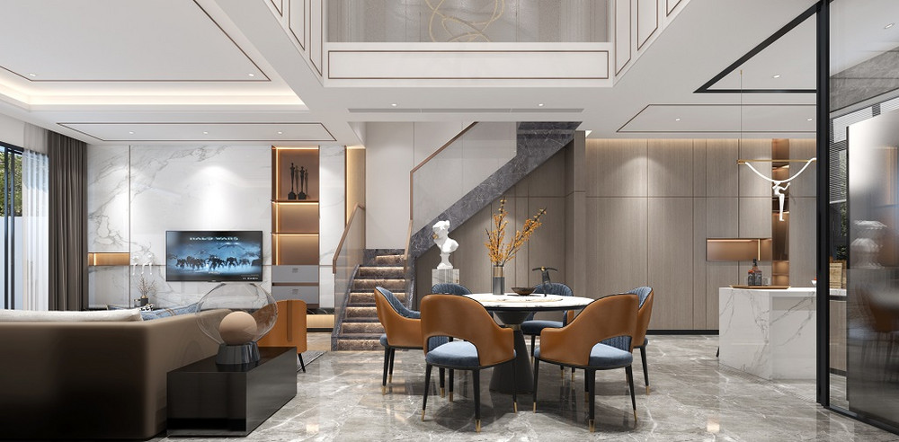 210平米轻奢风格别墅客厅装修效果图，楼梯创意设计图