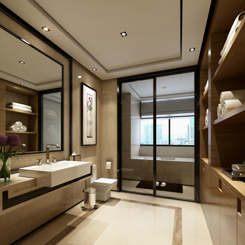 110平米新中式风格三室卫生间装修效果图，隔断创意设计图