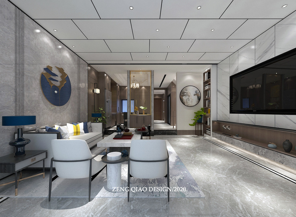 360平米新中式风格别墅客厅装修效果图，背景墙创意设计图