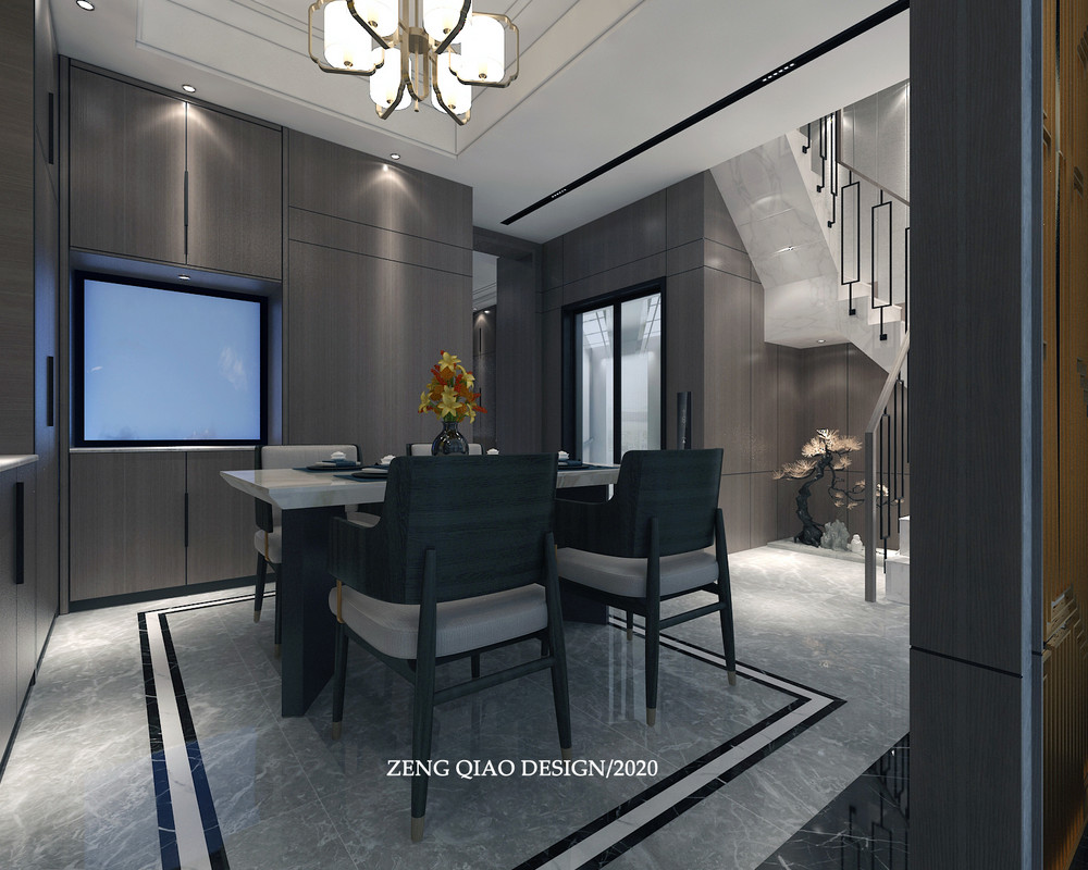 360平米新中式风格别墅餐厅装修效果图，背景墙创意设计图