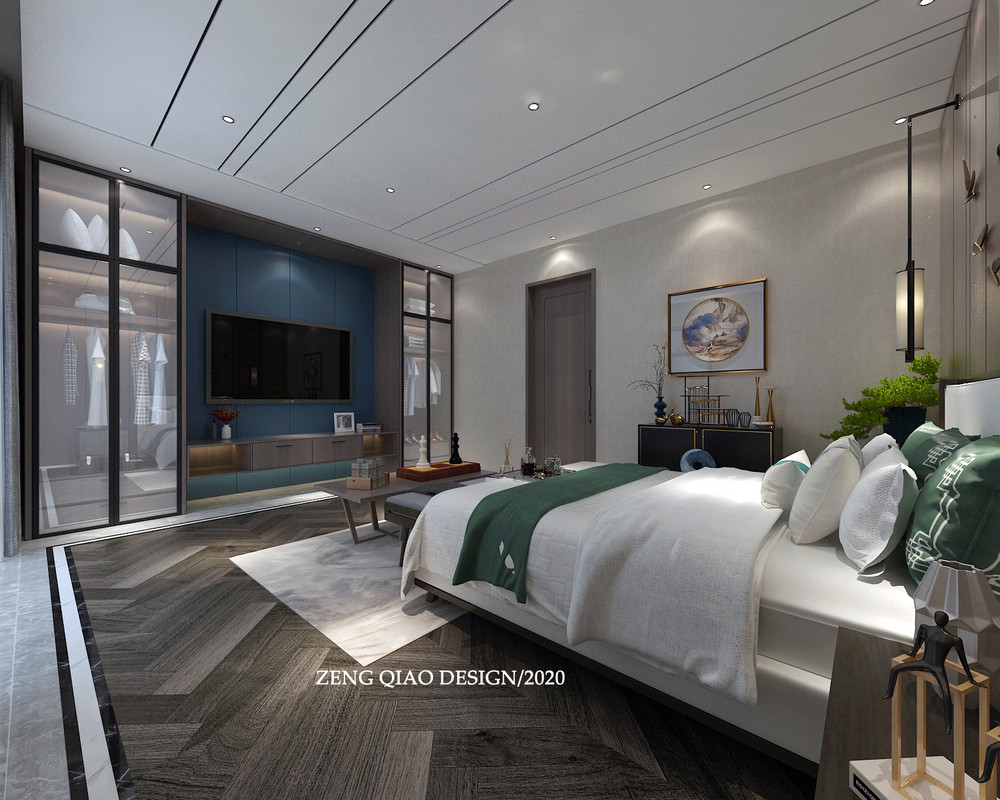 360平米新中式风格别墅卧室装修效果图，背景墙创意设计图