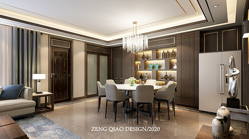 93平米新中式风格四室餐厅装修效果图，酒柜创意设计图
