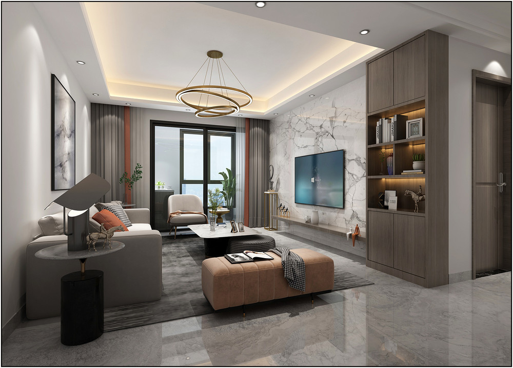 93平米新中式风格三室客厅装修效果图，酒柜创意设计图