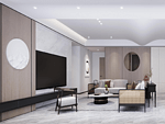 87平米新中式风格三室客厅装修效果图，电视墙创意设计图