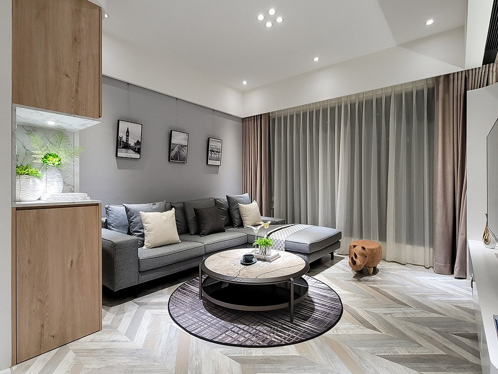 91平米北欧风格二室客厅装修效果图，地板创意设计图
