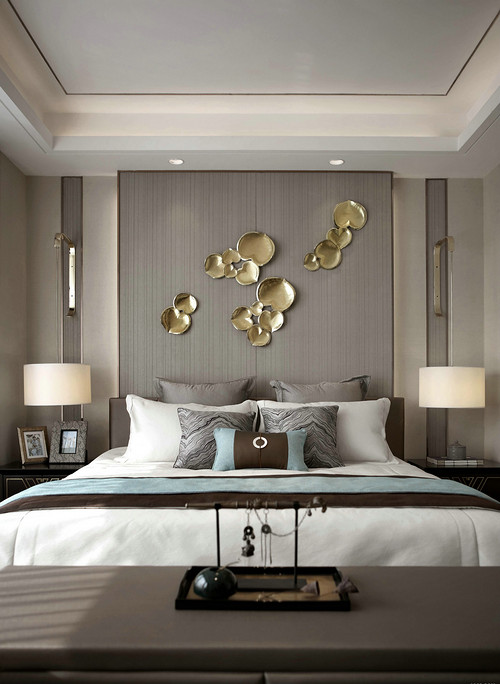 270平米新中式风格别墅卧室装修效果图，背景墙创意设计图
