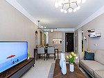 90平米新中式风格三室客厅装修效果图，地板创意设计图