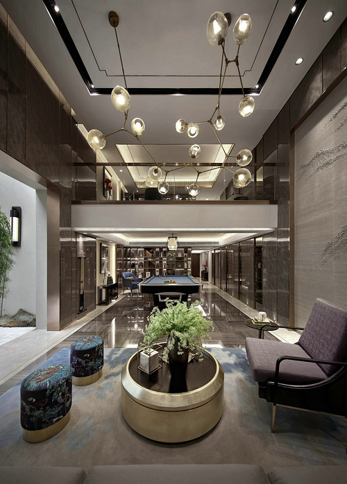 175平米新中式风格别墅客厅装修效果图，背景墙创意设计图
