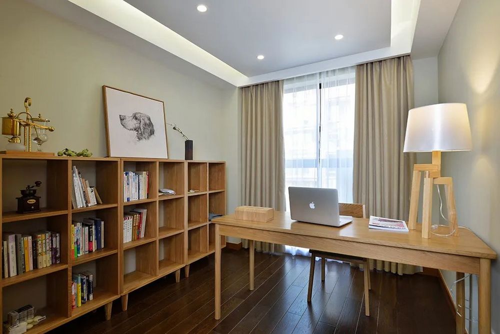 110平米日式风格三室书房装修效果图，书柜创意设计图