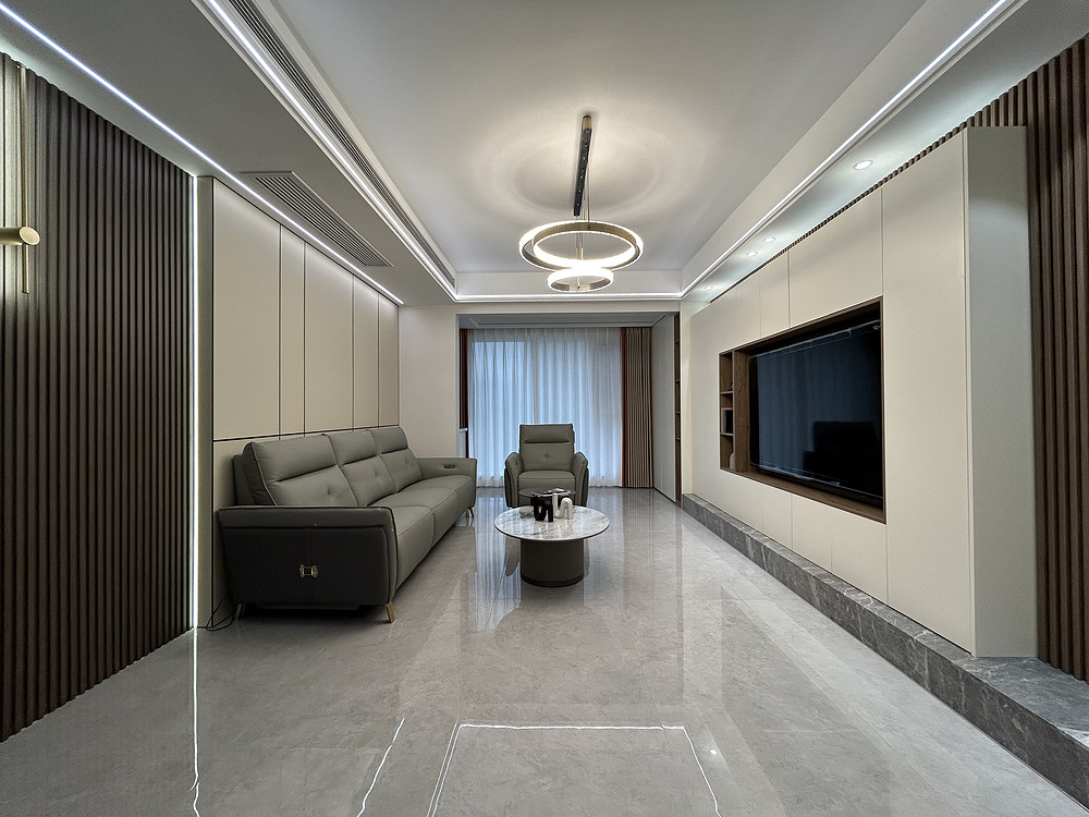 100平米现代简约风四室客厅装修效果图，软装创意设计图