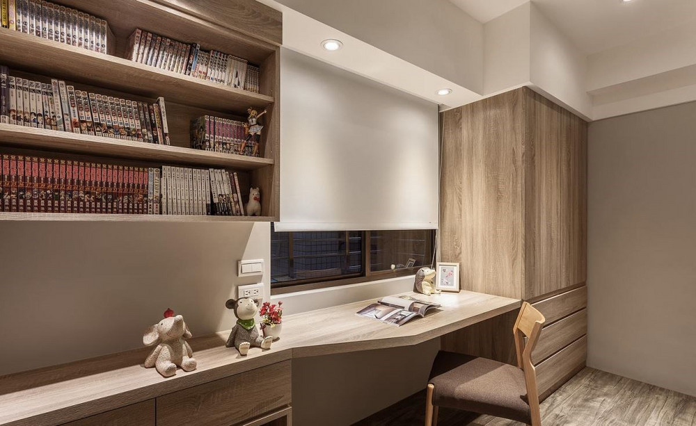 97平米北欧风格三室书房装修效果图，书柜创意设计图
