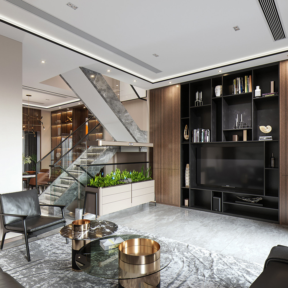387平米轻奢风格别墅客厅装修效果图，楼梯创意设计图