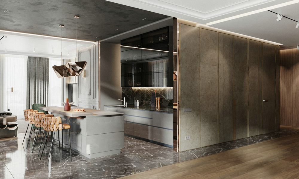 132平米现代简约风三室厨房装修效果图，橱柜创意设计图