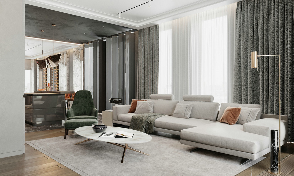 132平米现代简约风三室客厅装修效果图，窗帘创意设计图