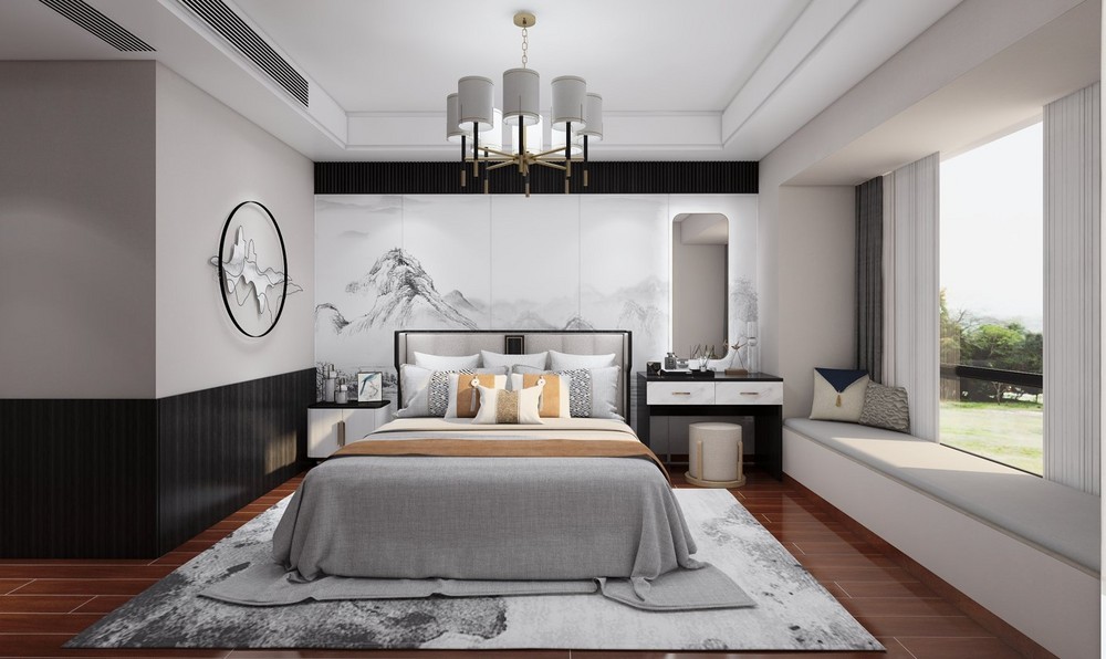 87平米新中式风格三室卧室装修效果图，软装创意设计图